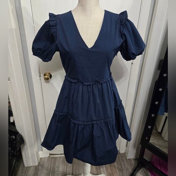 Sugarlips Madrigal Poplin Tiered Mini Dress Sz Small Blue - Picture 3 of 10